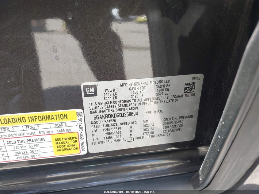 2013 Buick Enclave VIN 5GAKRDKD5DJ268694 IAAI salvage auction — RIGHT FRONT, Salvage (California), sold $2,000 on 2026-07-22 (photo 9)