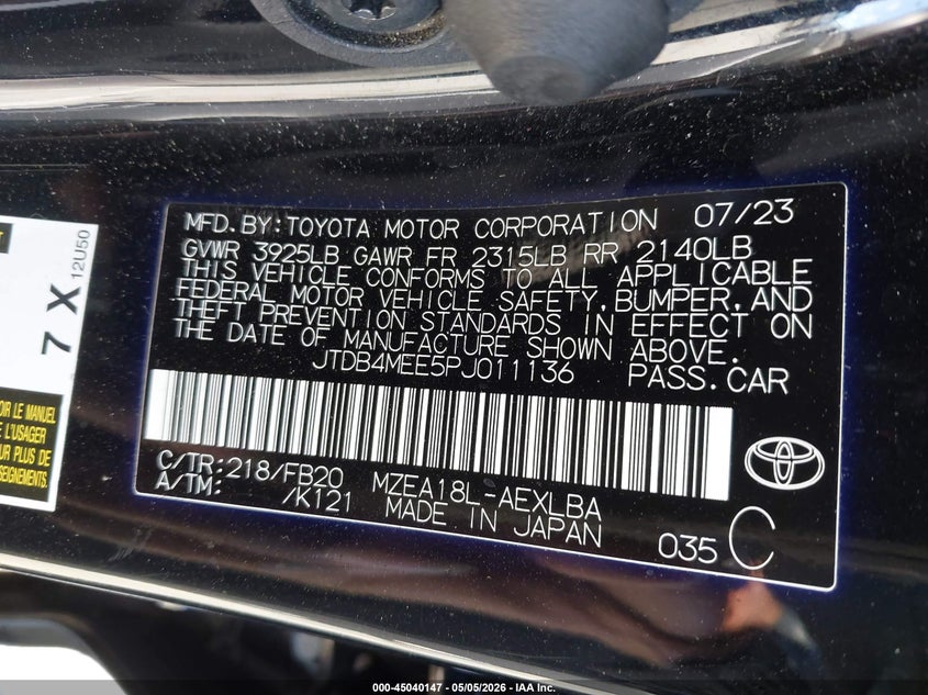 2023 Toyota Corolla VIN JTDB4MEE5PJ011136 IAAI salvage auction — FRONT & REAR, Wait Title, sold $3,450 on 2026-09-26 (photo 9)