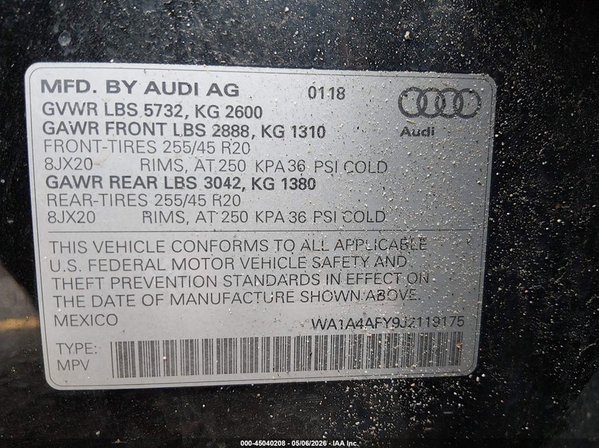 2018 Audi Sq5 VIN WA1A4AFY9J2119175 IAAI salvage auction — FRONT END, Salvage (Colorado), sold $7,900 on 2026-08-18 (photo 9)