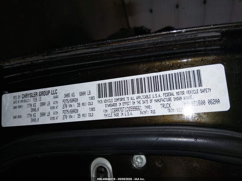 2013 Ram 1500 VIN 1C6RR7GT1DS599661 IAAI salvage auction — FRONT END, Bill Of Sale (Alaska), sold $1,900 on 2026-07-10 (photo 9)