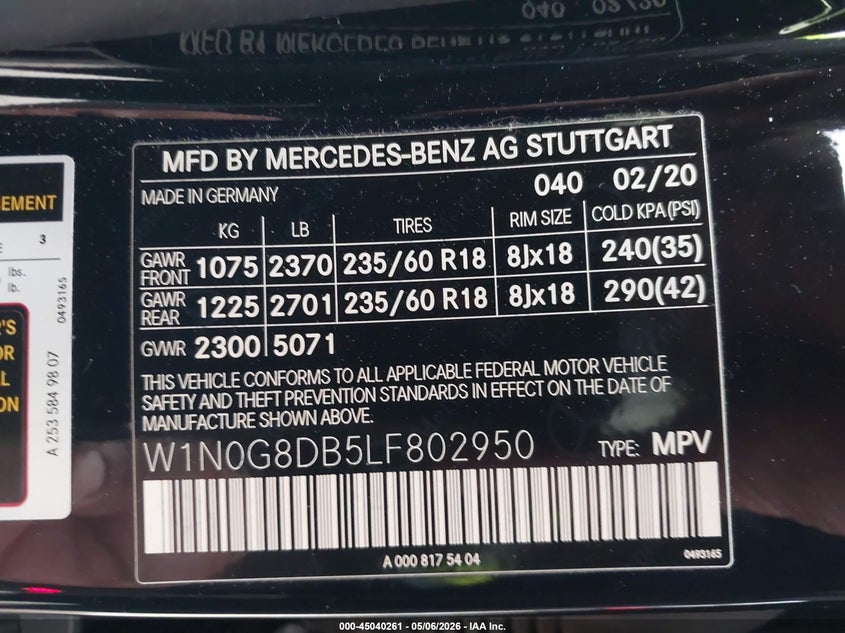 2020 Mercedes-benz Glc VIN W1N0G8DB5LF802950 IAAI salvage auction — REAR END, Original (Texas), sold $8,500 on 2026-07-29 (photo 9)