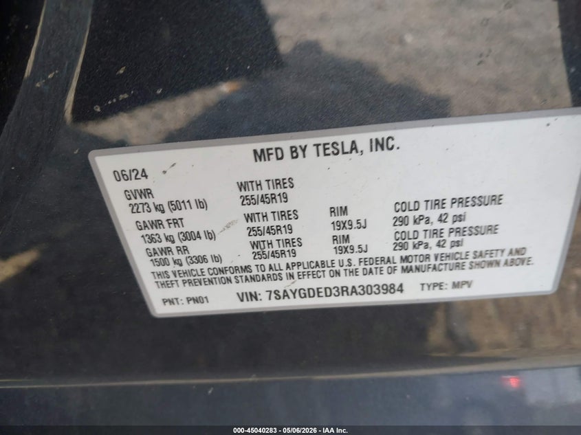 2024 Tesla Model y VIN 7SAYGDED3RA303984 IAAI salvage auction — FRONT END, Salvage (Georgia), sold $7,000 on 2026-07-29 (photo 9)