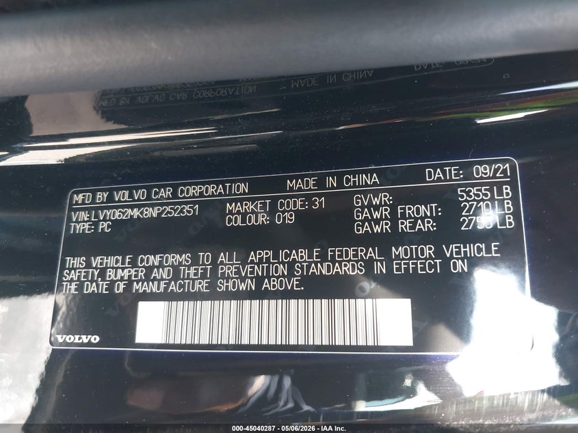 2022 Volvo S90 VIN LVY062MK8NP252351 IAAI salvage auction — RIGHT FRONT, Salvage (California), sold $1,050 on 2026-07-29 (photo 9)
