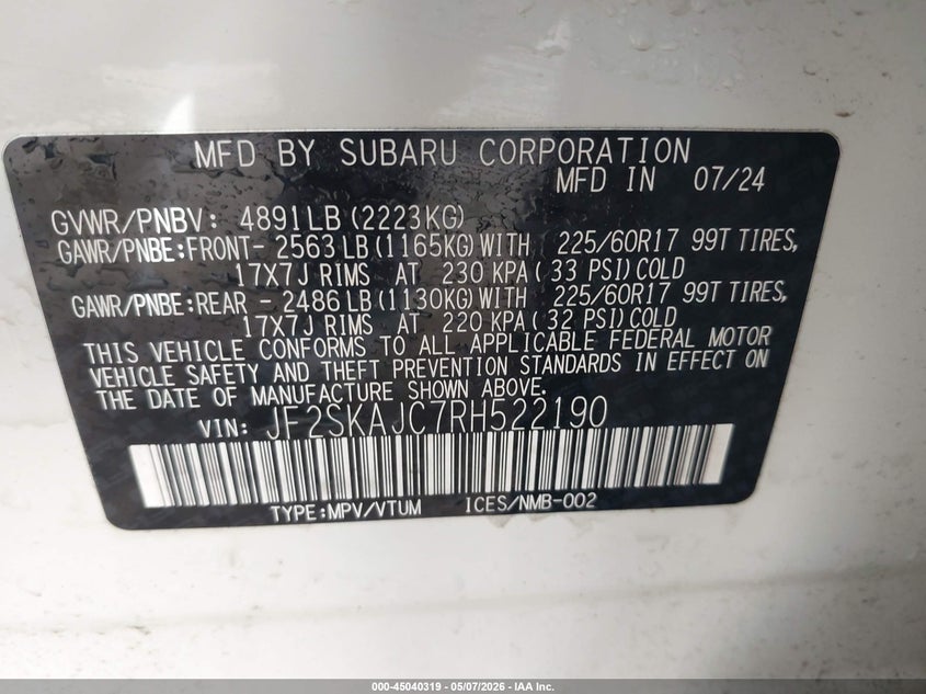 2024 Subaru Forester VIN JF2SKAJC7RH522190 IAAI salvage auction — RIGHT FRONT, Salvage (Montana), sold $25 on 2026-07-31 (photo 9)