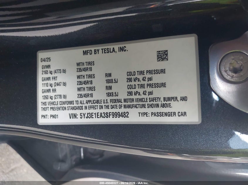 2025 Tesla Model 3 VIN 5YJ3E1EA3SF999482 IAAI salvage auction — FRONT END, Clear (Florida), sold $6,000 on 2026-07-08 (photo 9)