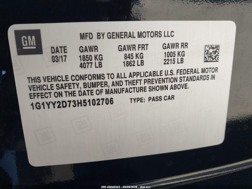 2017 Chevrolet Corvette VIN 1G1YY2D79H5101706 IAAI salvage auction — THEFT, Salvage, sold $26,750 on 2026-07-31 (photo 9)