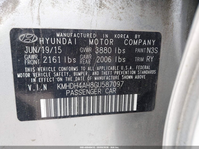 2016 Hyundai Elantra VIN KMHDH4AH8GU587097 IAAI salvage auction — REAR END, Original (Texas), sold $1,450 on 2026-07-16 (photo 9)
