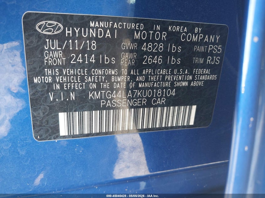 2019 Genesis G70 VIN KMTG44LA7KU018104 IAAI salvage auction — REAR END, Salvage - Greater Than 75% (Maryland), sold $4,550 on 2026-07-20 (photo 9)