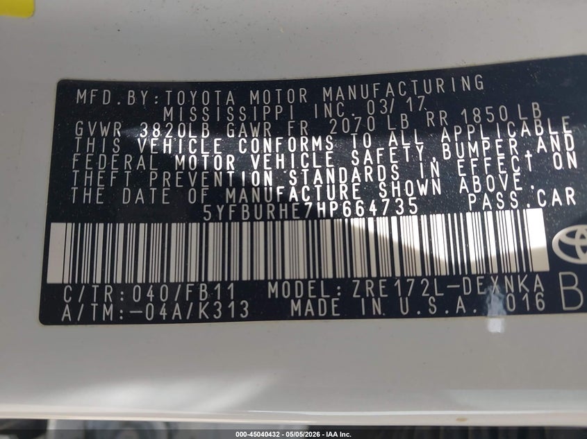 2017 Toyota Corolla VIN 5YFBURHE7HP664735 IAAI salvage auction — FRONT END, Salvage (Texas), sold $1,825 on 2026-07-14 (photo 9)