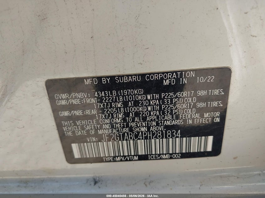 2023 Subaru Xv VIN JF2GTABC4PH281834 IAAI salvage auction — HAIL, Clear Claim Paid (Wisconsin), sold $9,550 on 2026-07-15 (photo 9)