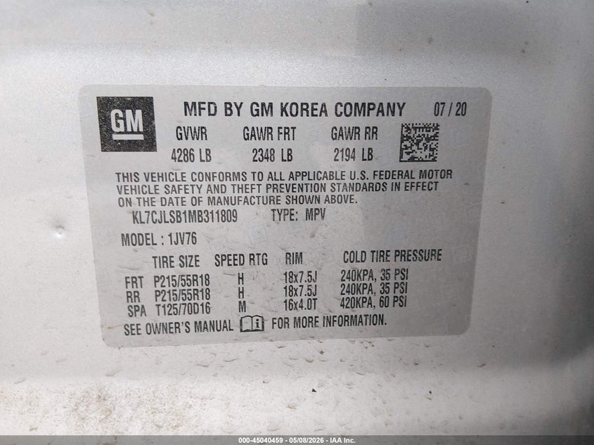 2021 Chevrolet Trax VIN KL7CJLSB1MB311809 IAAI salvage auction — BURN, Non-Repairable (Texas), sold $100 on 2026-07-21 (photo 9)