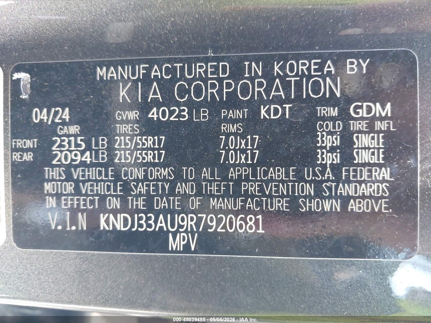 2024 Kia Soul VIN KNDJ33AU9R7920681 IAAI salvage auction — RIGHT SIDE, Salvage - Greater Than 75% (Maryland), sold $4,100 on 2026-07-23 (photo 9)
