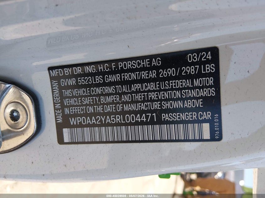 2024 Porsche Panamera VIN WP0AA2YA5RL004471 IAAI salvage auction — THEFT, Salvage Title, sold $8,000 on 2026-08-05 (photo 9)