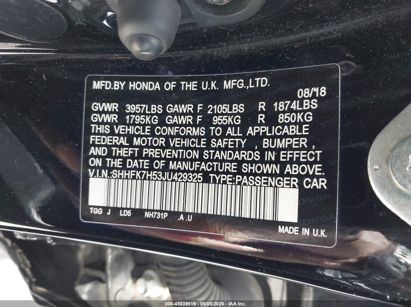 2018 Honda Civic VIN SHHFK7H53JU429325 IAAI salvage auction — LEFT SIDE, Salvage Title, sold $4,150 on 2026-07-15 (photo 9)