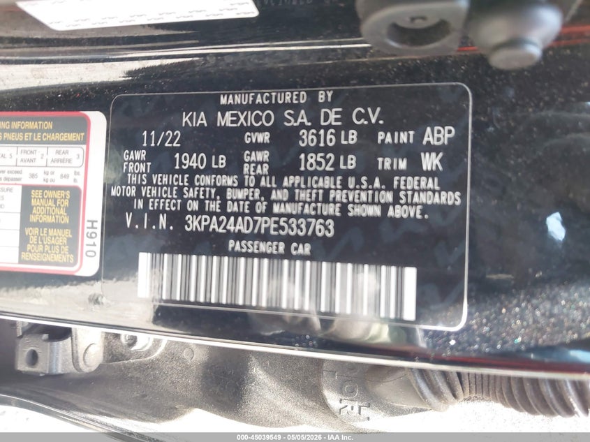 2023 Kia Rio VIN 3KPA24AD7PE533763 IAAI salvage auction — FRONT END, Salvage (Georgia), sold $1,950 on 2026-07-09 (photo 9)