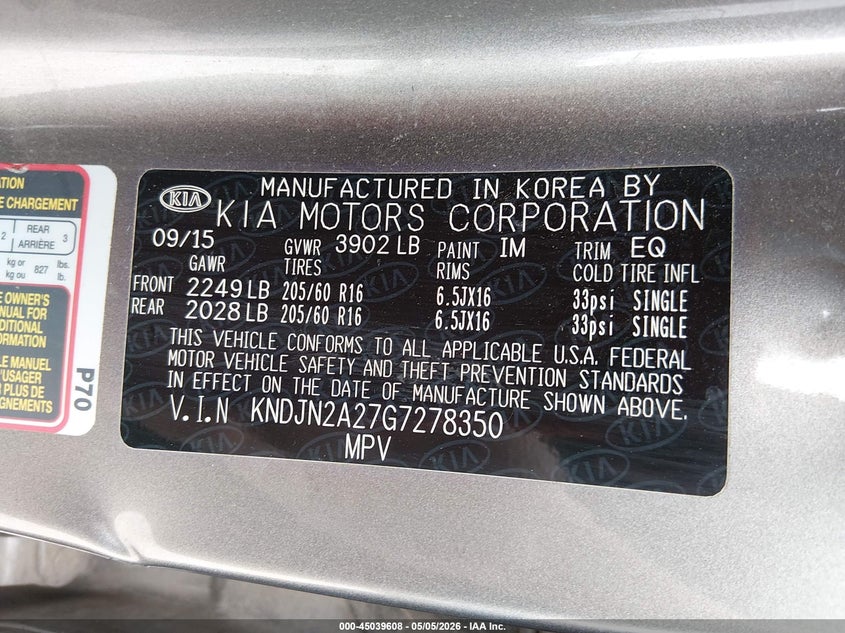2016 Kia Soul VIN KNDJN2A27G7278350 IAAI salvage auction — FRONT END, Salvage (Missouri), sold $25 on 2026-07-06 (photo 9)