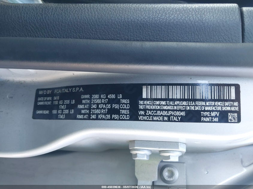2018 Jeep Renegade VIN ZACCJBAB6JPH38046 IAAI salvage auction — FRONT END, Salvage (Massachusetts), sold $400 on 2026-07-10 (photo 9)