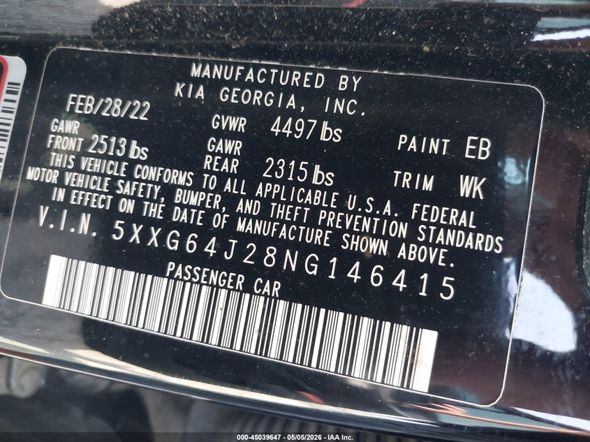 2022 Kia K5 VIN 5XXG64J28NG146415 IAAI salvage auction — REAR END, Salvage (Idaho), sold $7,825 on 2026-07-31 (photo 9)