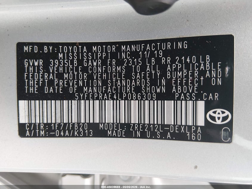2020 Toyota Corolla VIN 5YFEPRAE4LP086309 IAAI salvage auction — FRONT END, Salvage (Oregon), sold $4,250 on 2026-07-27 (photo 9)