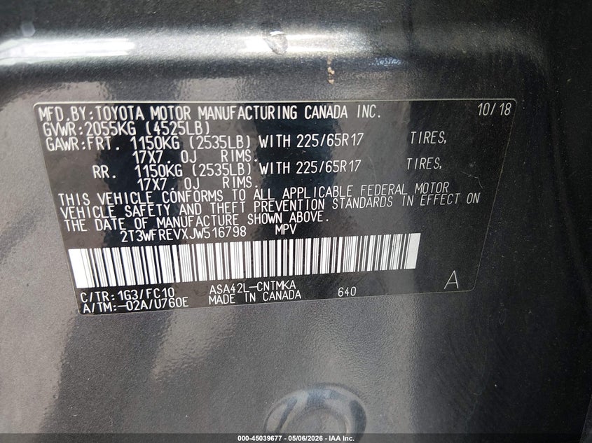 2018 Toyota VIN 2T3WFREVXJW516798 IAAI salvage auction — REAR END, Salvage (South Carolina), sold $4,300 on 2026-07-10 (photo 9)