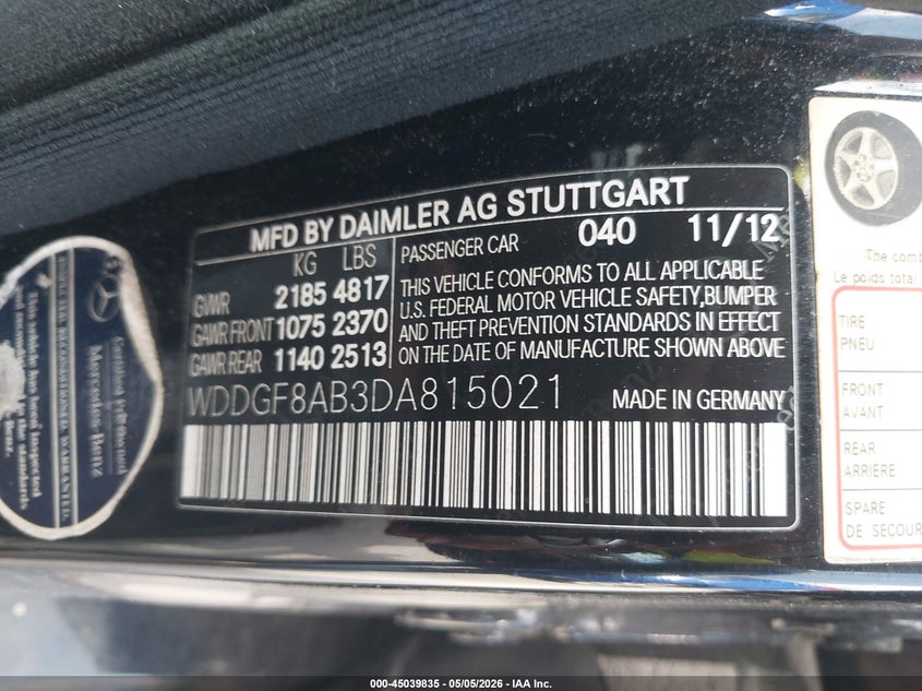 2013 Mercedes-benz C-klasse VIN WDDGF8AB3DA815021 IAAI salvage auction — NORMAL WEAR, Original (Texas), sold $950 on 2026-07-20 (photo 9)