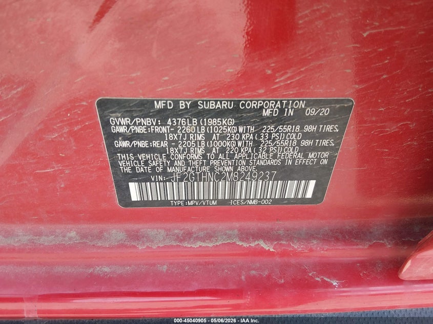 2021 Subaru Xv VIN JF2GTHNC2M8249237 IAAI salvage auction — FRONT & REAR, Salvage (Arizona), sold $6,000 on 2026-07-08 (photo 9)