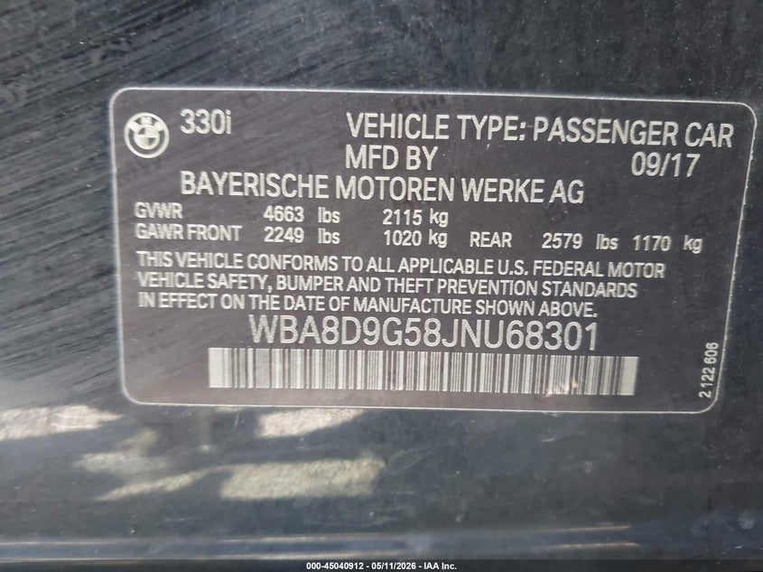 2018 BMW 3er VIN WBA8D9G58JNU68301 IAAI salvage auction — HAIL, Salvage (Iowa), sold $7,175 on 2026-08-03 (photo 9)