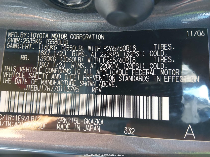 2007 Toyota 4runner VIN JTEBU17R770113795 IAAI salvage auction — REAR END, Salvage (California), sold $3,900 on 2026-07-30 (photo 4)