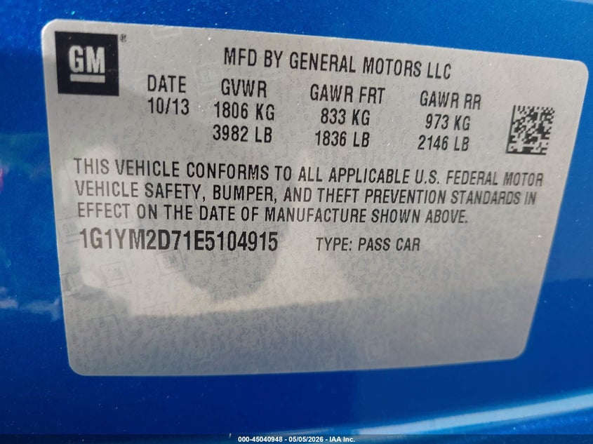 2014 Chevrolet Corvette VIN 1G1YM2D71E5104915 IAAI salvage auction — FRONT & REAR, Original (Texas), sold $7,625 on 2026-09-09 (photo 9)