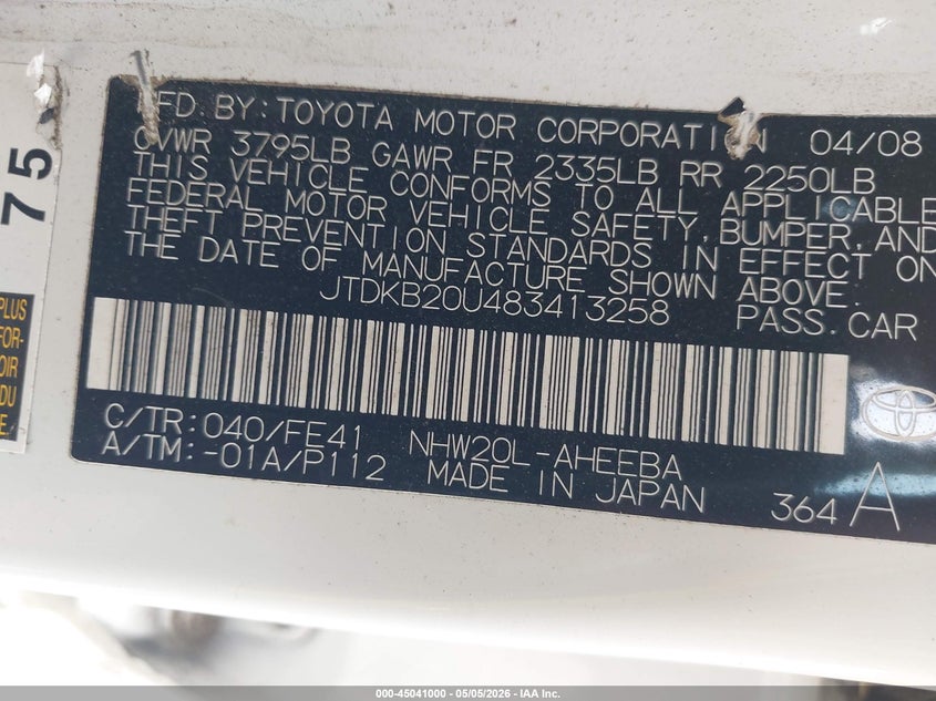 2008 Toyota Prius VIN JTDKB20U483413258 IAAI salvage auction — FRONT END, Salvage (California), sold $950 on 2026-07-15 (photo 9)
