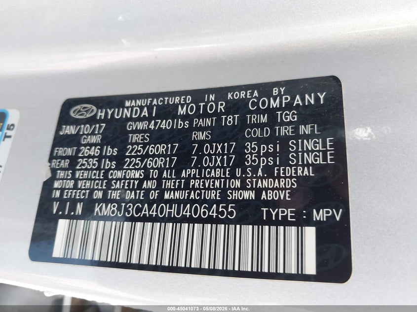 2017 Hyundai Tucson VIN KM8J3CA40HU406455 IAAI salvage auction — FRONT END, Clear (Oklahoma), sold $2,050 on 2026-07-29 (photo 9)