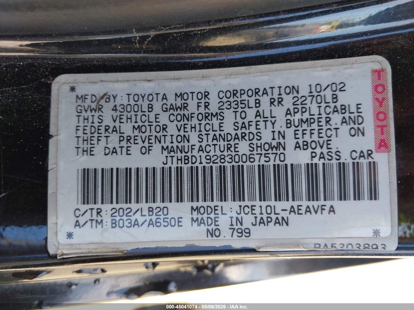 2003 Lexus Is VIN JTHBD192830067570 IAAI salvage auction — BIO HAZARD, Salvage (California), sold $475 on 2026-07-08 (photo 9)