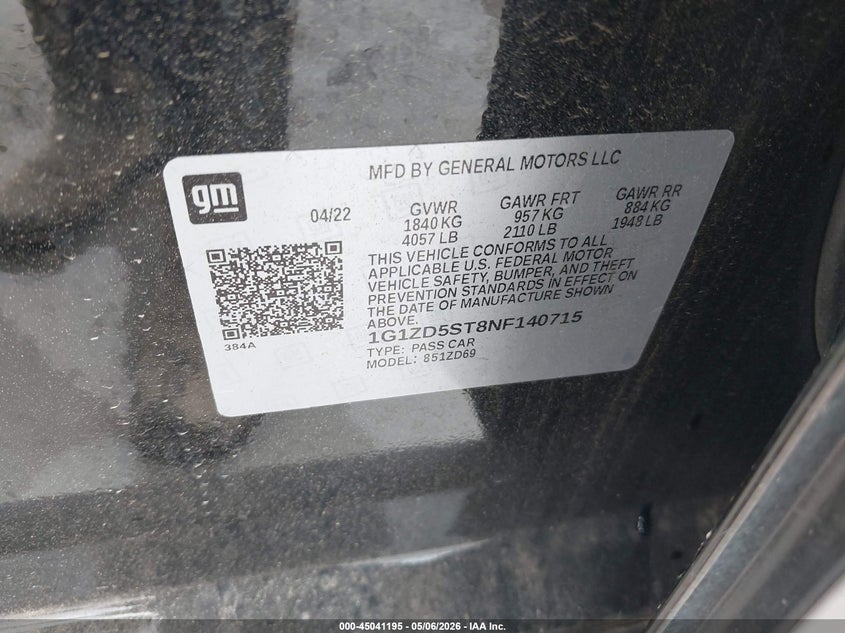 2022 Chevrolet Malibu VIN 1G1ZD5ST8NF140715 IAAI salvage auction — FRONT END, Original (Texas), sold $3,500 on 2026-07-06 (photo 9)