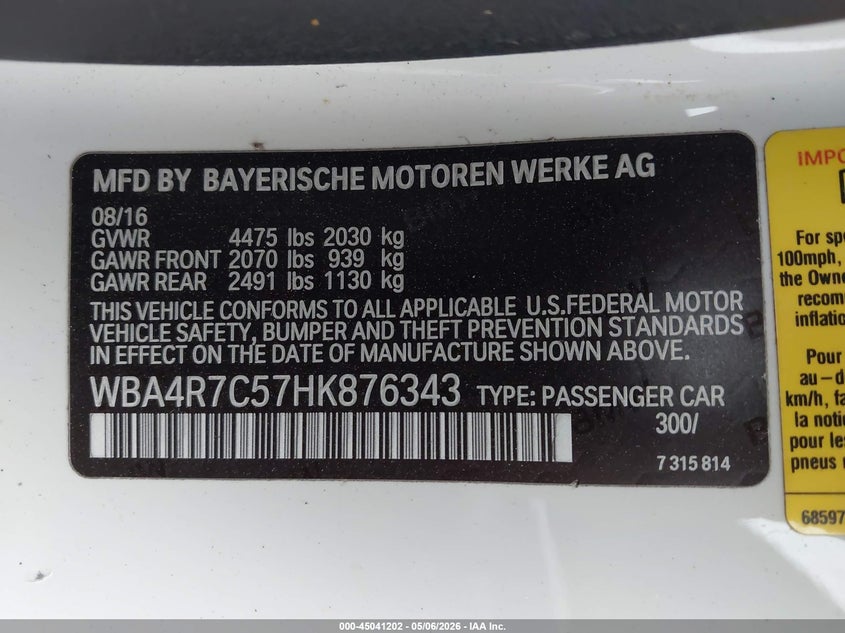 2017 BMW 4er VIN WBA4R7C57HK876343 IAAI salvage auction — LEFT FRONT, Original (Texas), sold $4,675 on 2026-07-14 (photo 9)