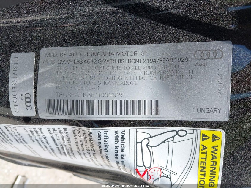 2014 Audi Tt VIN TRUBFAFK3E1000409 IAAI salvage auction — LEFT SIDE, Salvage (New Hampshire), sold $2,400 on 2026-07-29 (photo 9)