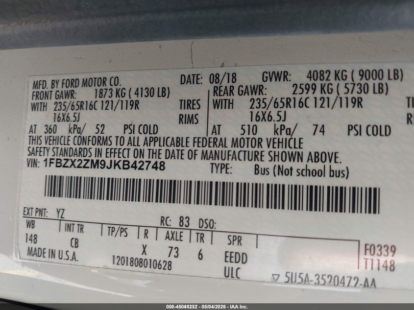 2018 Ford Transit-350 VIN 1FBZX2ZM9JKB42748 IAAI salvage auction — NORMAL WEAR, Sf97 (Utah), sold $28,150 on 2026-07-08 (photo 9)