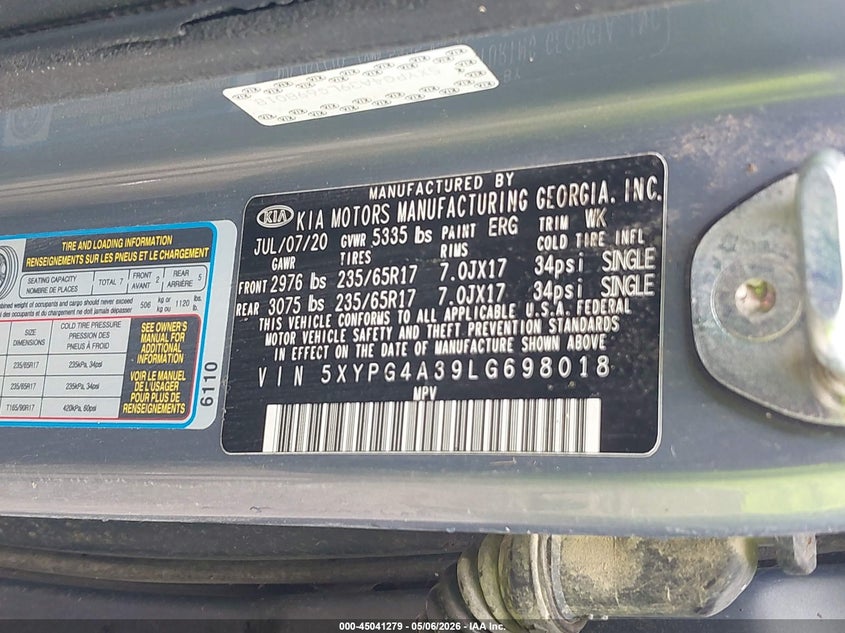 2020 Kia Sorento VIN 5XYPG4A39LG698018 IAAI salvage auction — FRONT END, Salvage (Louisiana), sold $975 on 2026-07-29 (photo 9)
