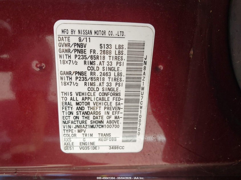 2012 Nissan Murano VIN JN8AZ1MU7CW100700 IAAI salvage auction — NORMAL WEAR, Bill Of Sale (Hawaii), sold $75 on 2026-07-28 (photo 9)
