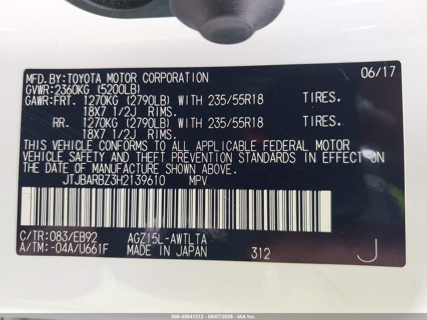2017 Lexus Nx VIN JTJBARBZ3H2139610 IAAI salvage auction — FRONT END, Salvage Title, sold $1,725 on 2026-07-29 (photo 9)