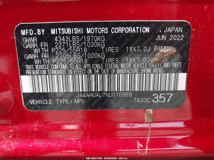 2022 Mitsubishi Outlander VIN JA4ARUAU7NU016869 IAAI salvage auction — FRONT END, Salvage Title, sold $3,650 on 2026-07-29 (photo 9)