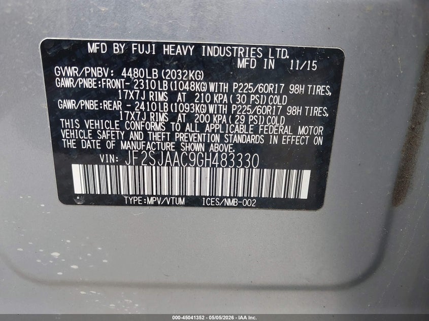 2016 Subaru Forester VIN JF2SJAAC9GH483330 IAAI salvage auction — FRONT END, Salvage (Ohio), sold $1,250 on 2026-07-15 (photo 9)