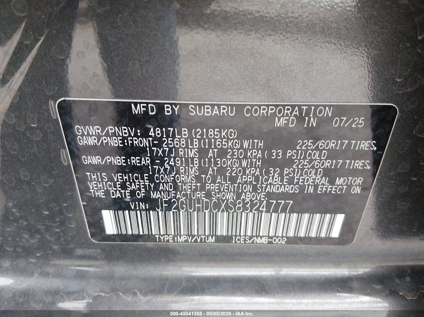 2025 Subaru Xv VIN JF2GUHDCXS8324777 IAAI salvage auction — SUSPENSION, Salvage (Texas), sold $2,250 on 2026-07-22 (photo 9)