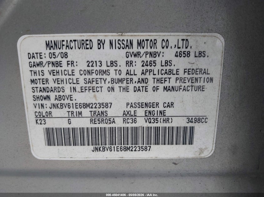 2008 Infiniti G35 VIN JNKBV61E68M223587 IAAI salvage auction — NORMAL WEAR, Salvage (Idaho), sold $1,675 on 2026-07-14 (photo 9)