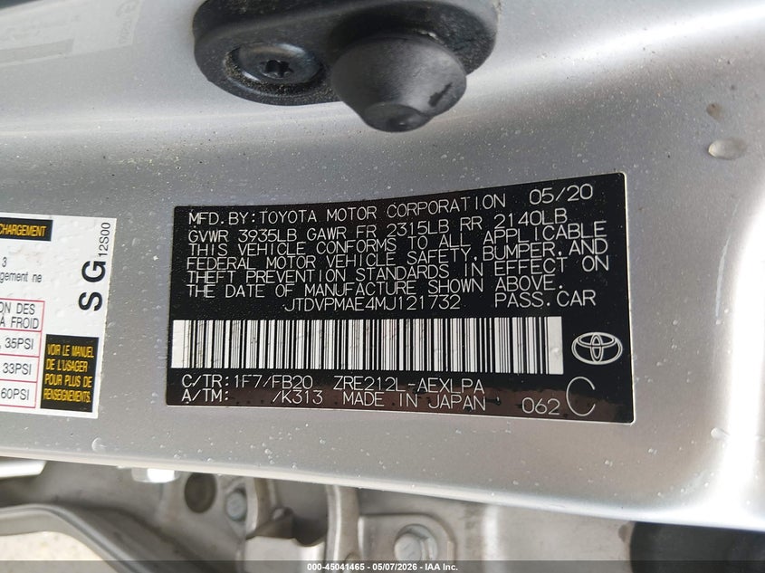 2021 Toyota Corolla VIN JTDVPMAE4MJ121732 IAAI salvage auction — FRONT END, Salvage (Georgia), sold $4,600 on 2026-07-23 (photo 9)