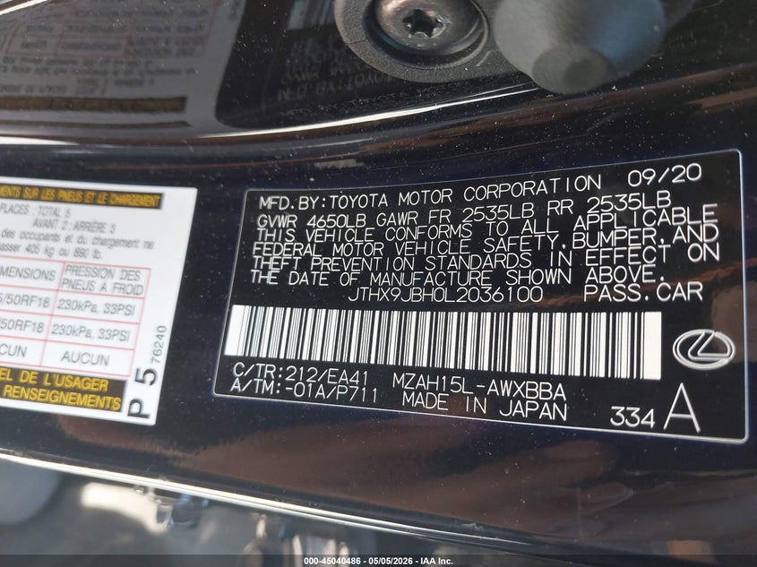 2020 Lexus Ux VIN JTHX9JBH0L2036100 IAAI salvage auction — FRONT END, Salvage (Georgia), sold $10,400 on 2026-07-09 (photo 9)