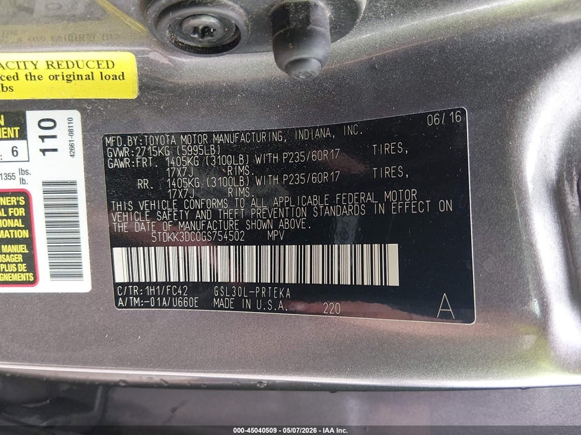 2016 Toyota Sienna VIN 5TDKK3DC0GS754502 IAAI salvage auction — RIGHT FRONT, Salvage (Louisiana), sold $4,150 on 2026-07-08 (photo 9)