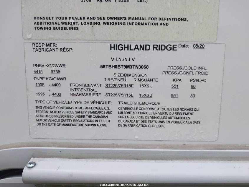 2021 Highland ridge Open range VIN 58TBH0BT9M3TN3068 IAAI salvage auction — Unknown, Salvage (South Carolina), sold $10,600 on 2026-07-08 (photo 9)