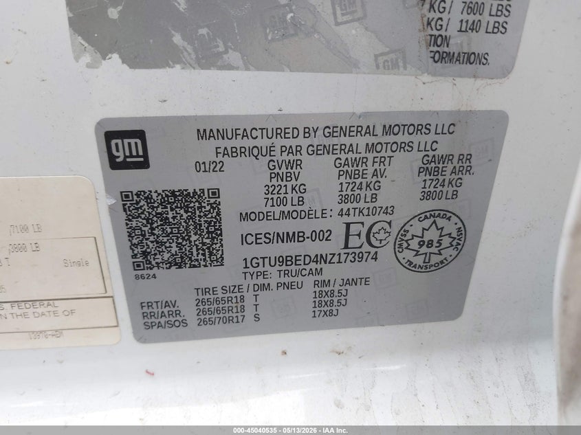 2022 Gmc SIERRA VIN 1GTU9BED4NZ173974 IAAI salvage auction — UNDERCARRIAGE, Salvage (Massachusetts), sold $13,450 on 2026-07-31 (photo 9)