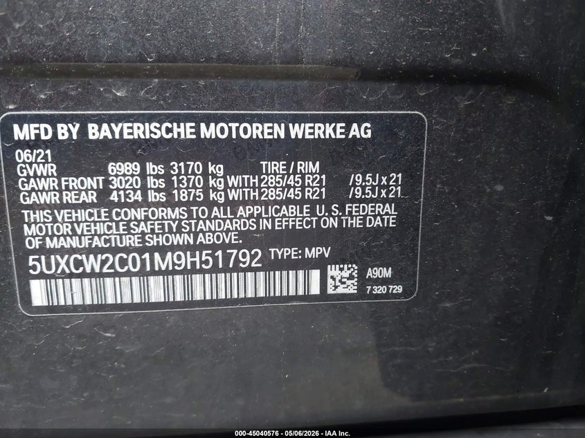 2021 BMW X7 VIN 5UXCW2C01M9H51792 IAAI salvage auction — REAR END, Salvage (Tennessee), sold $22,050 on 2026-07-17 (photo 9)