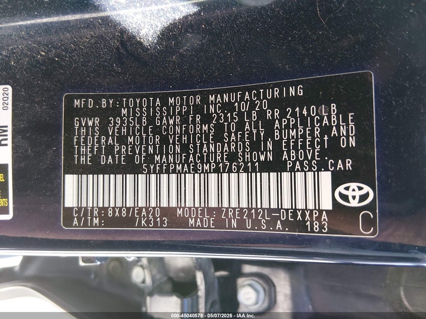 2021 Toyota Corolla VIN 5YFFPMAE9MP176211 IAAI salvage auction — LEFT REAR, Salvage (New Mexico), sold $7,100 on 2026-07-13 (photo 9)